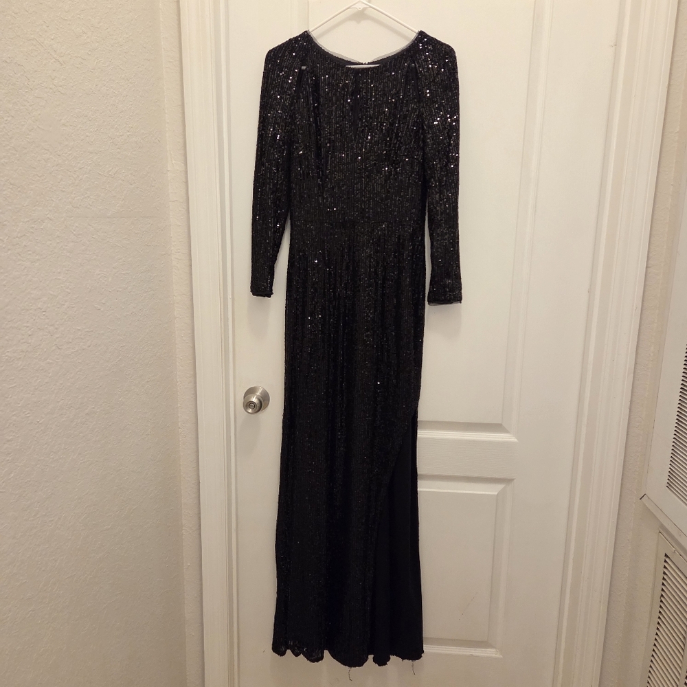 DB studio black sequin maxi dress with leg slit women's size 6 shimmer